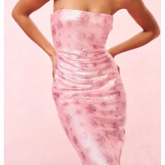 LoveShackFancy Stasia Sequin Midi Dress Floral Strapless Sparkle Flamenco Pink - Picture 3 of 16